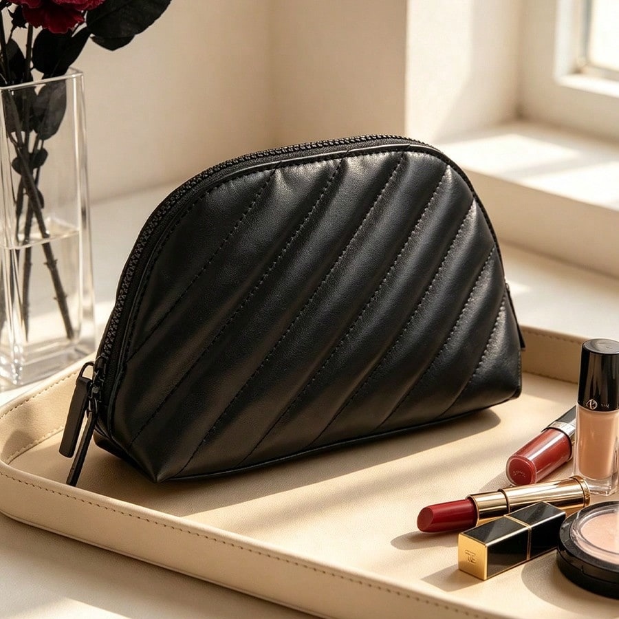Ysl Beauty Makeup Bag - حقيبة YSL السوداء المبطنة من الجلد،